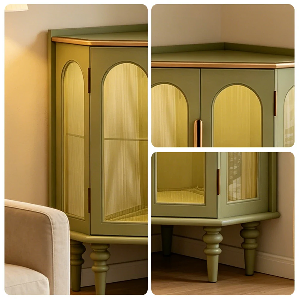 LUXORA Corner Display Cabinet Raised Wood Leg Storage Unit for Entryway Dining Room - Green - Image 3