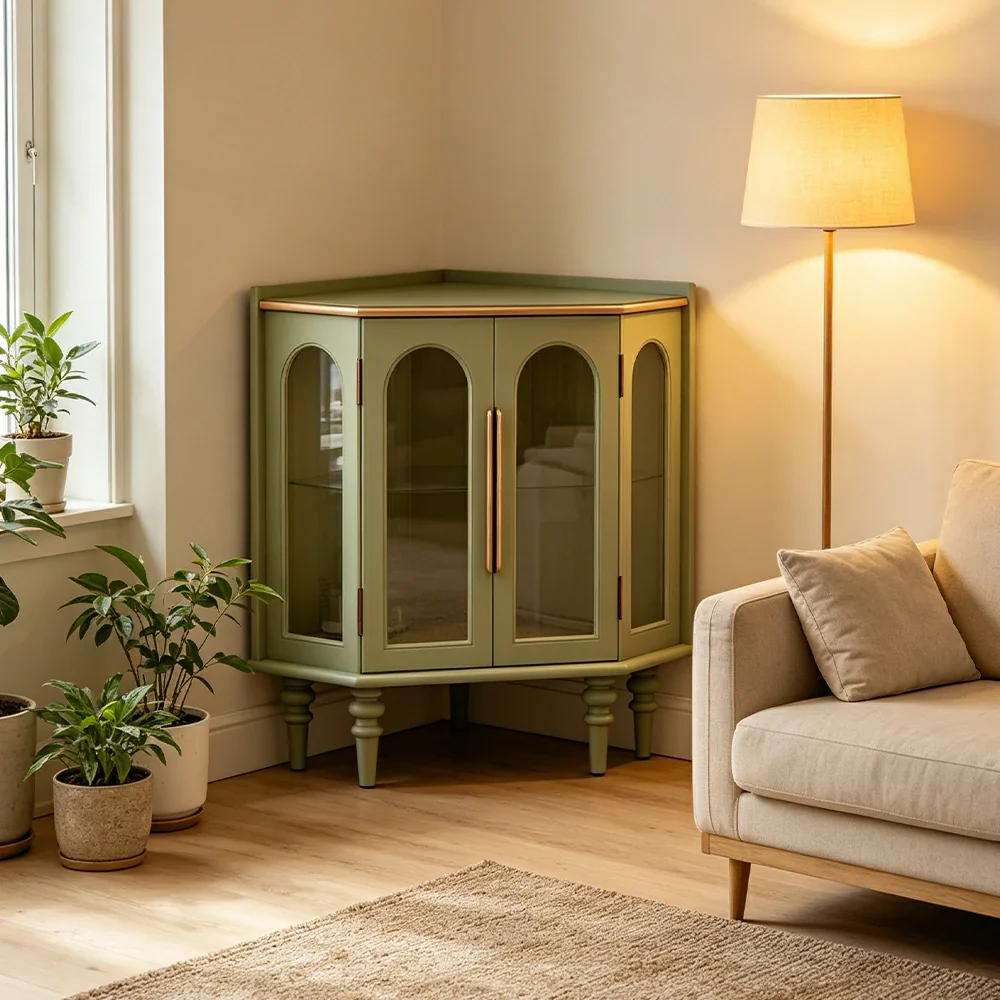 LUXORA Corner Display Cabinet Raised Wood Leg Storage Unit for Entryway Dining Room - Green - Image 4