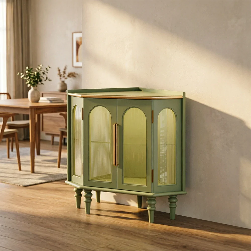 LUXORA Corner Display Cabinet Raised Wood Leg Storage Unit for Entryway Dining Room - Green - Image 5