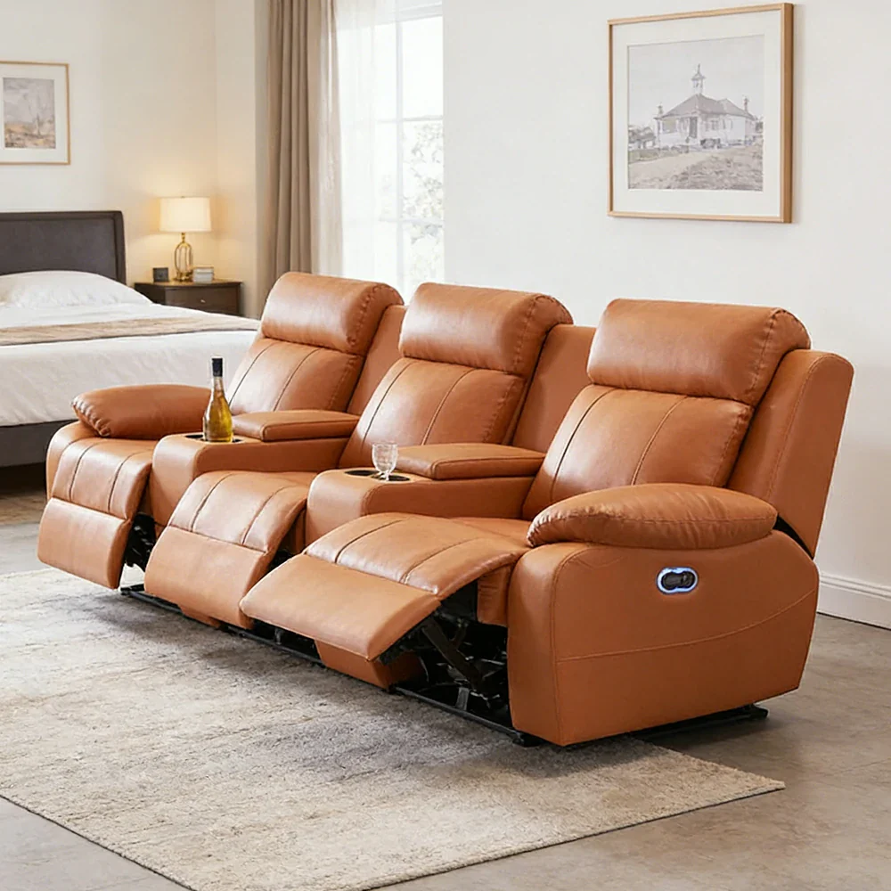 LUXORA 2.8/3.4m Triple Electric Home Theatre Recliner Sofa with Dual Centre Consoles Top-Grain Leather One-Touch Adjustable Backrest & Footrest - Brown - Image 4