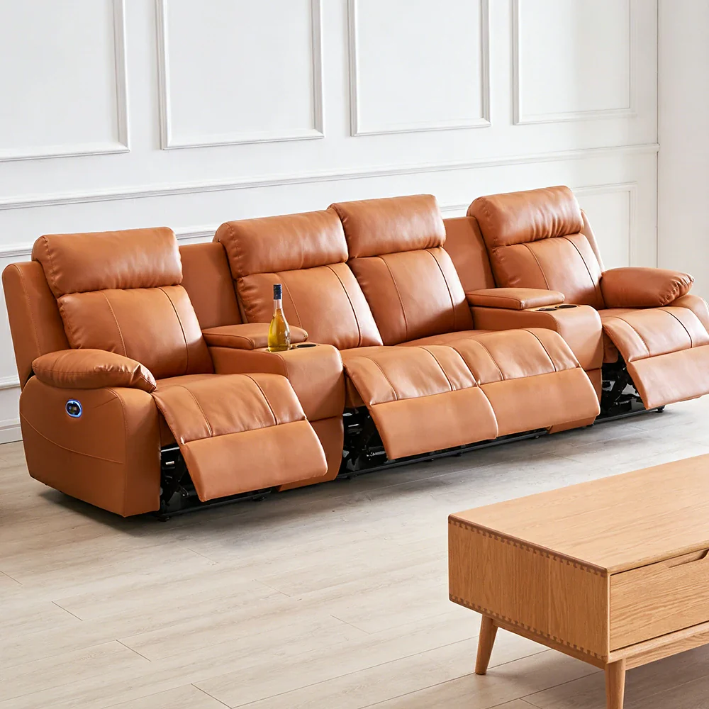 LUXORA 3.4/4.2m Quad Electric Home Theatre Recliner Sofa with Dual Centre Consoles Top-Grain Leather One-Touch Adjustable Backrest & Footrest - Brown - Image 4