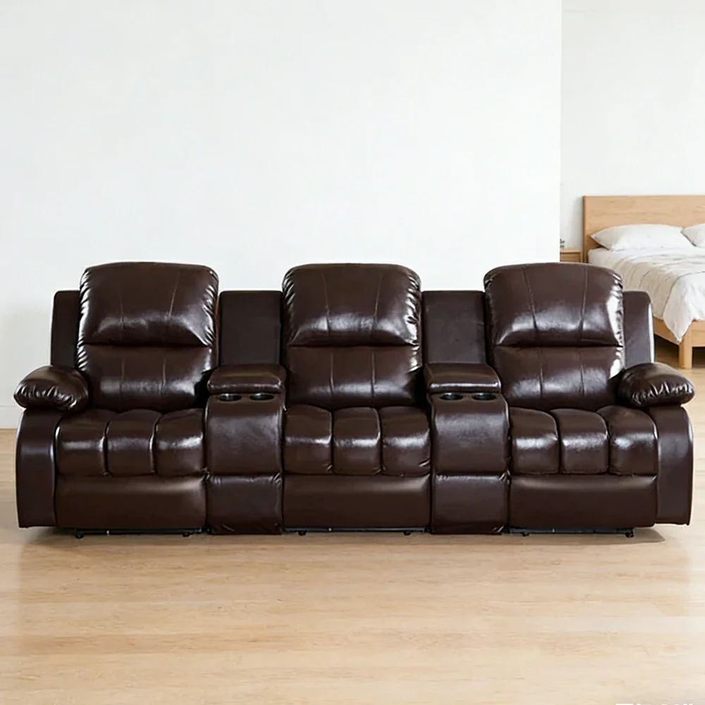 LUXORA 2.8/3.4m Triple Electric Home Theatre Recliner Sofa with Dual Centre Consoles Top-Grain Leather One-Touch Adjustable Backrest & Footrest - Black - Image 2