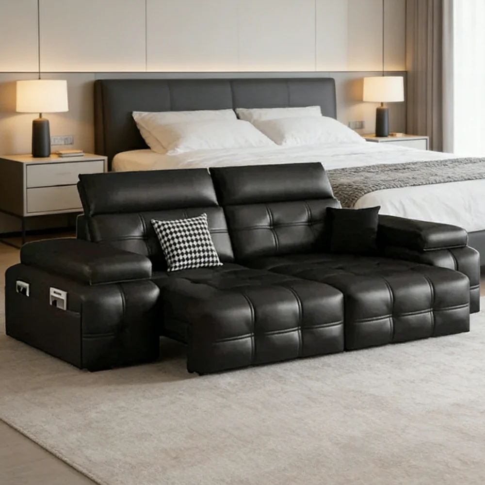 LUXORA 205/265cm 2-Seater Dual Electric Recliner Sofa Zero-Wall Design Multi-Mode Adjustable Backrest Ergonomic Comfort Top-Grain Leather - Black - Image 2
