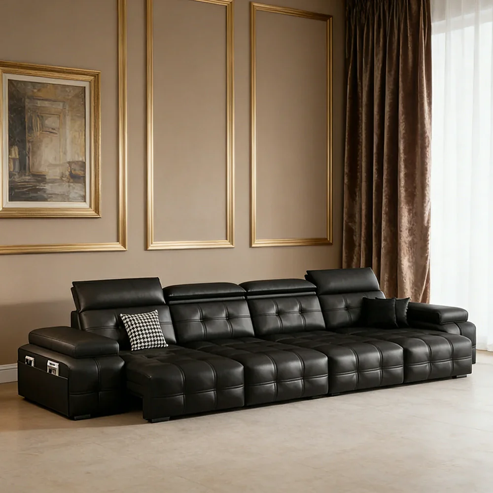 LUXORA 335/455cm 4-Seater Quad Electric Recliner Sofa Zero-Wall Design Multi-Mode Adjustable Backrest Ergonomic Comfort Top-Grain Leather - Black - Image 4