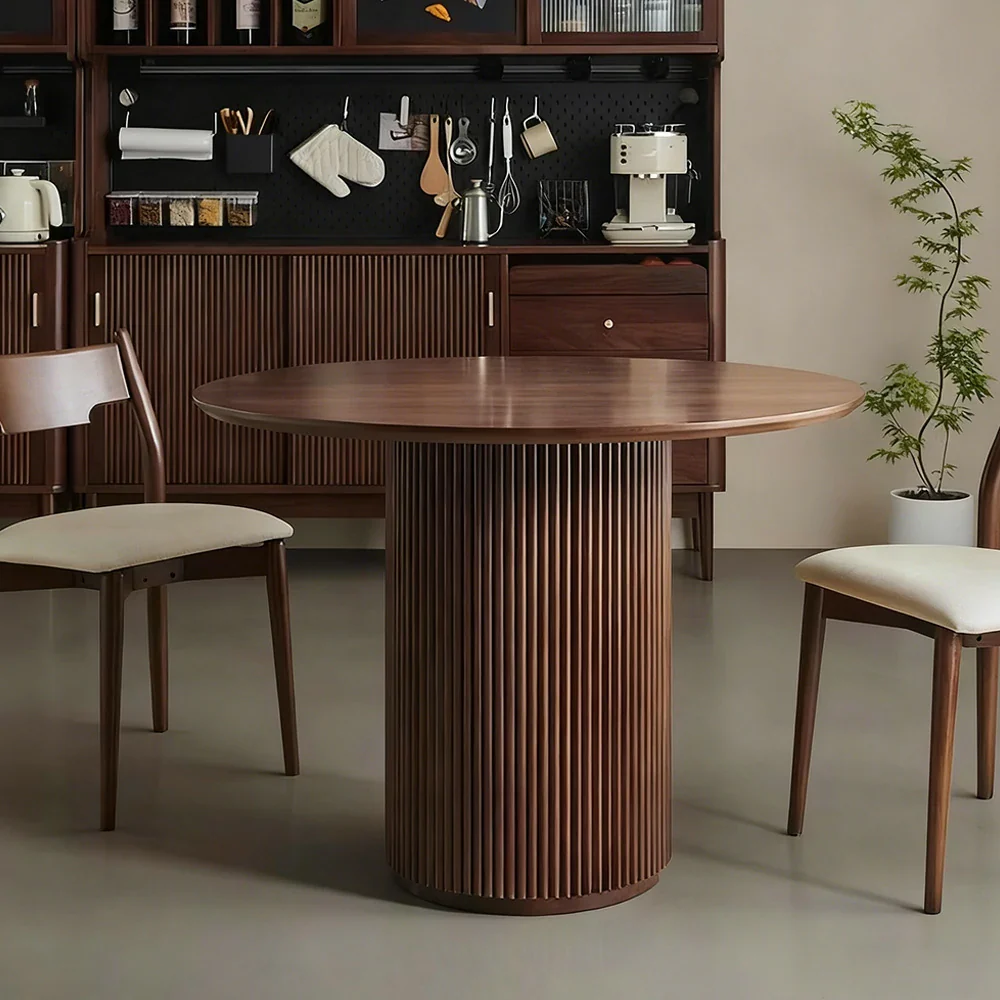 LUXORA 90/100cm Round Dining Table Walnut Veneer Single Pedestal Base Modern Space-Efficient Design - Walnut - Image 2