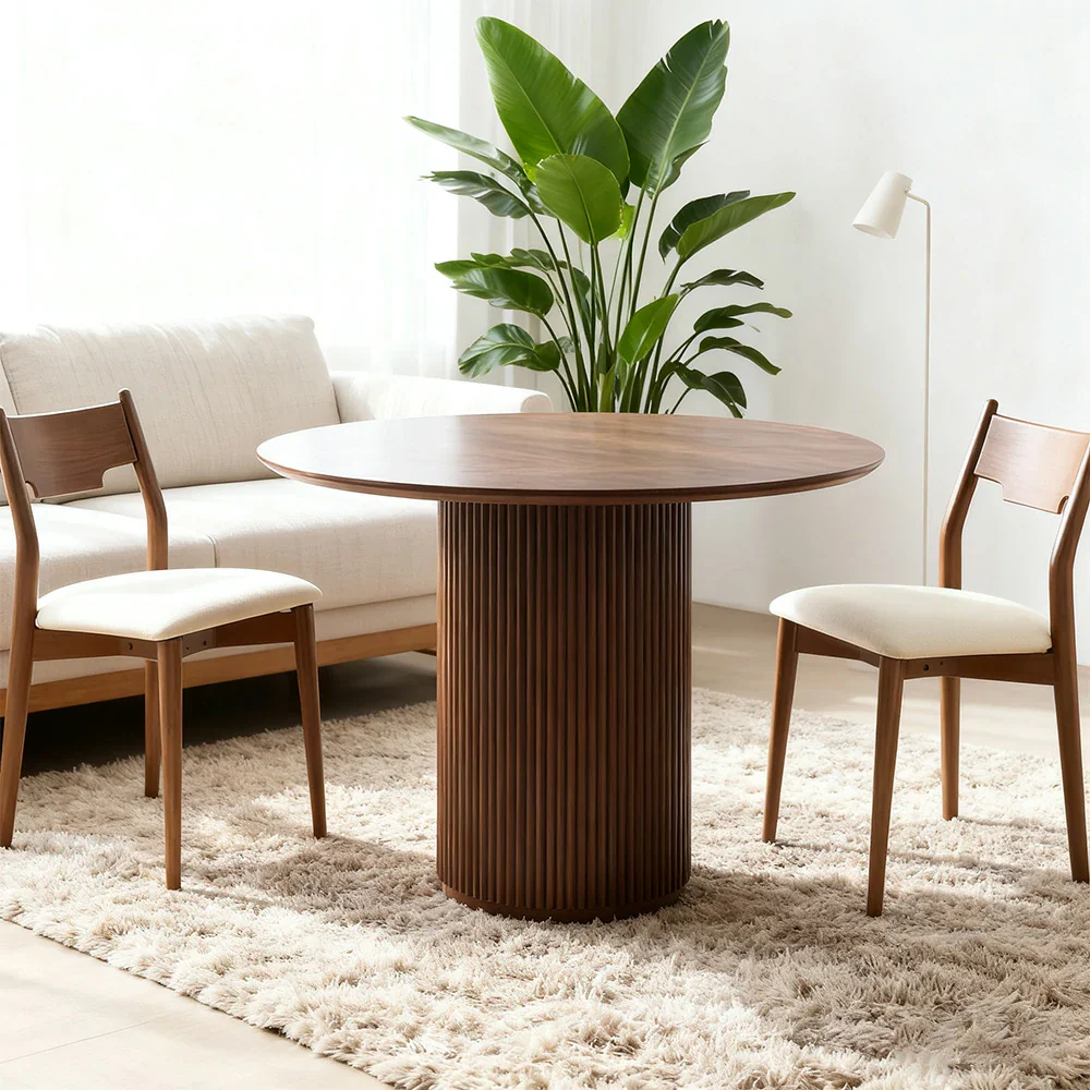 LUXORA 90/100cm Round Dining Table Walnut Veneer Single Pedestal Base Modern Space-Efficient Design - Walnut - Image 4
