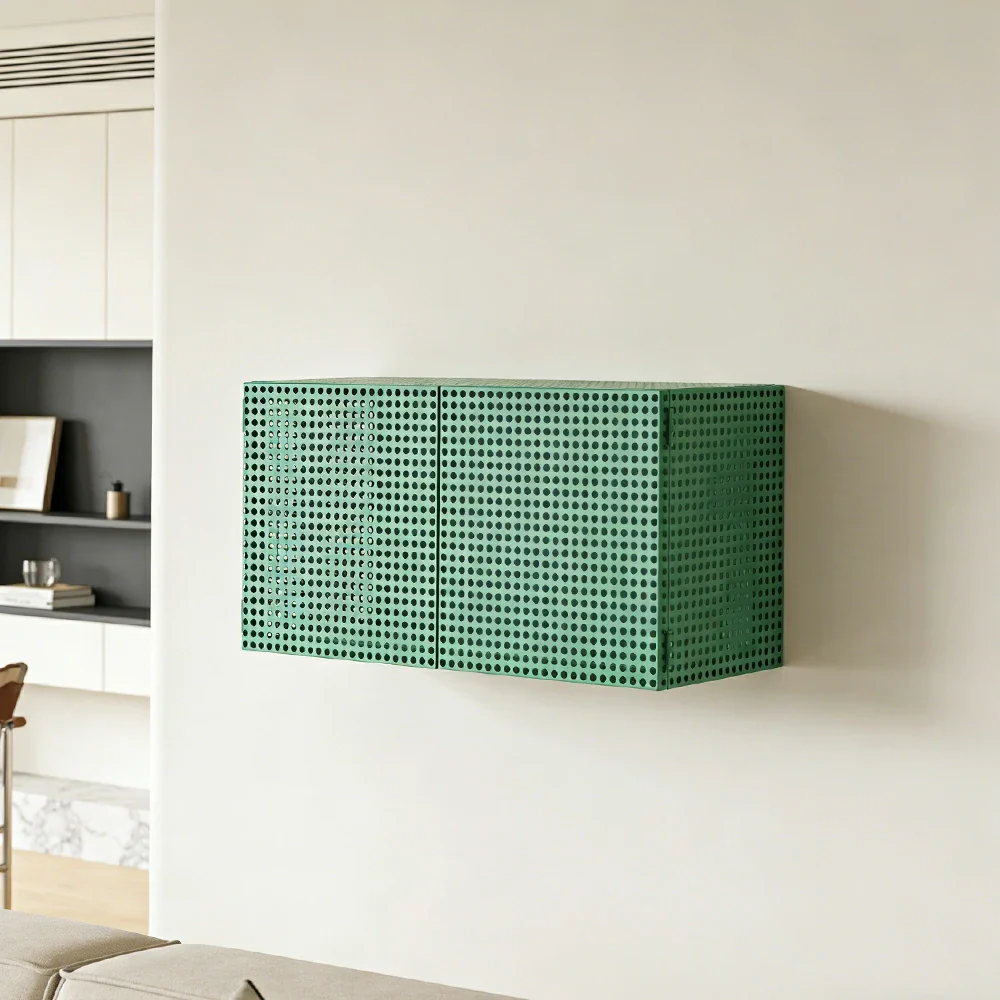 LUXORA Wall-Mounted Storage Cabinet - Magnetic Soft-Close System - Powder-Coated Steel Frame - Modern Perforated Mesh Design - Green - Image 4