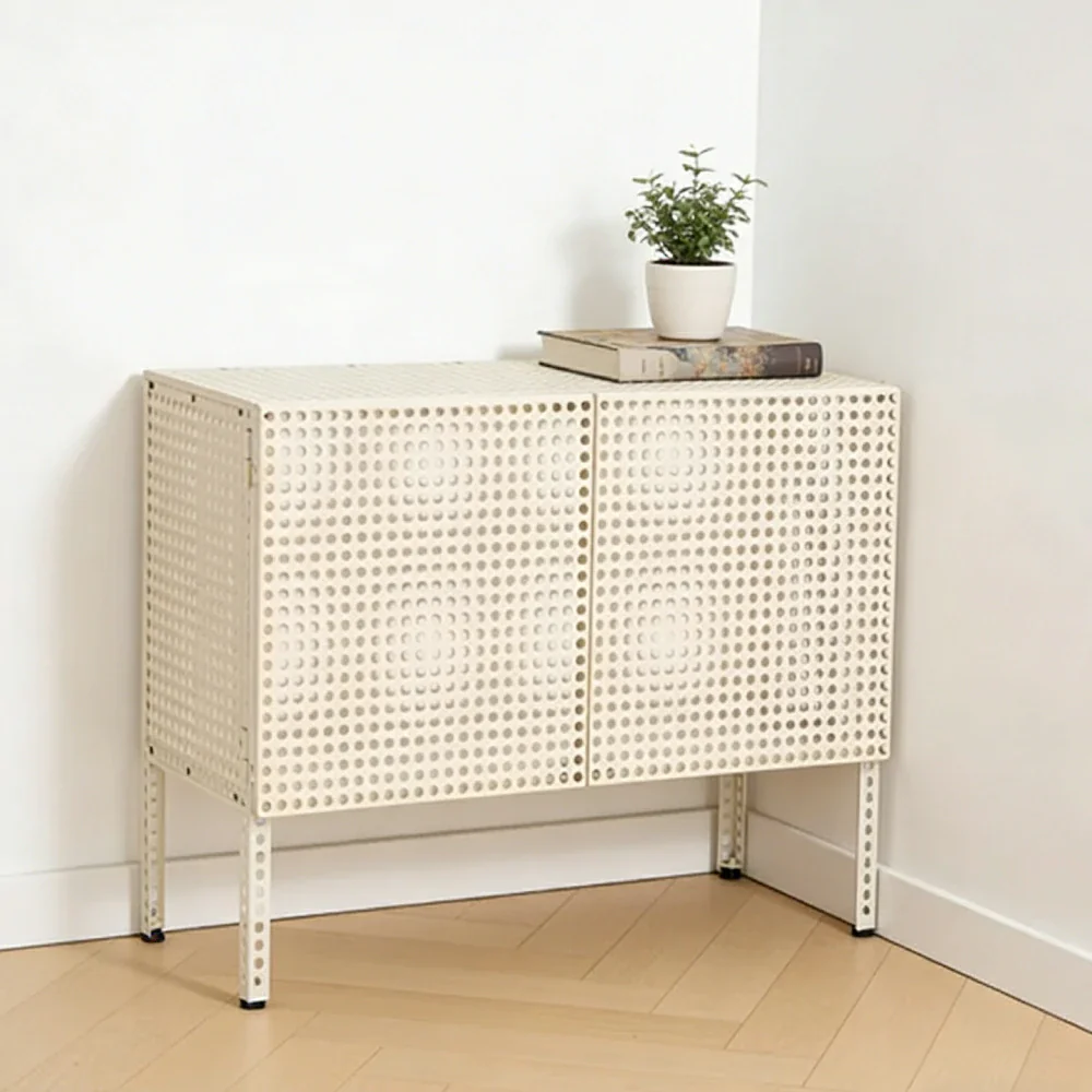 LUXORA Freestanding Storage Cabinet - Magnetic Soft-Close System - Powder-Coated Steel Frame - Modern Perforated Mesh Design - White - Image 2