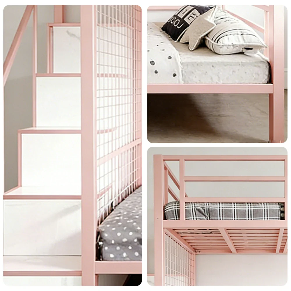 LUXORA 90/100cm Kids Bunk Bed with Storage Stairs Durable Metal Frame Space Saving Design Safety Rails - Pink - Image 3
