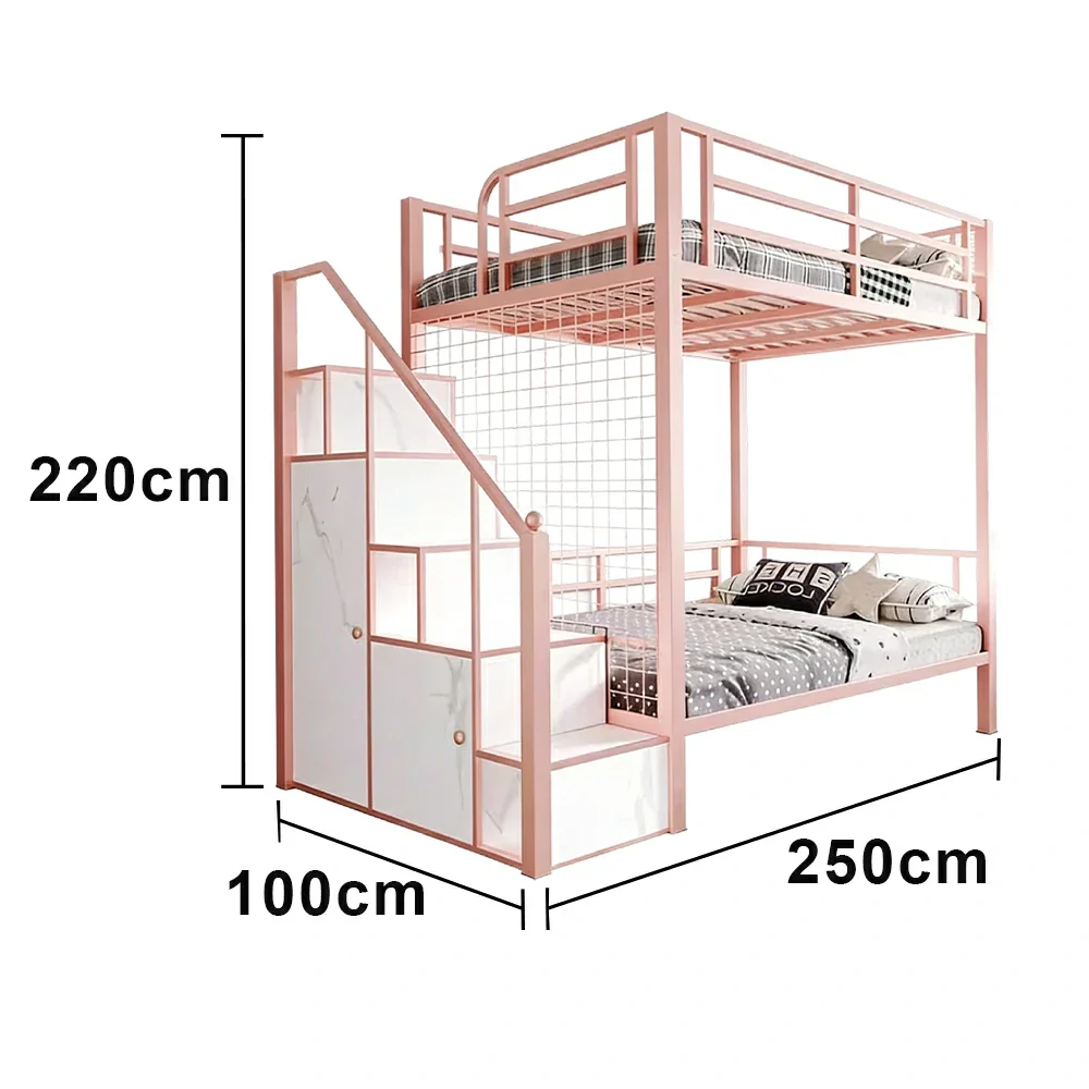 LUXORA 90/100cm Kids Bunk Bed with Storage Stairs Durable Metal Frame Space Saving Design Safety Rails - Pink - Image 6