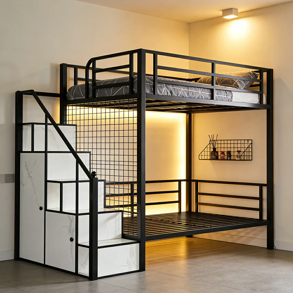 LUXORA 90/100cm Kids Bunk Bed with Storage Stairs Durable Metal Frame Space Saving Design Safety Rails - Black - Image 4