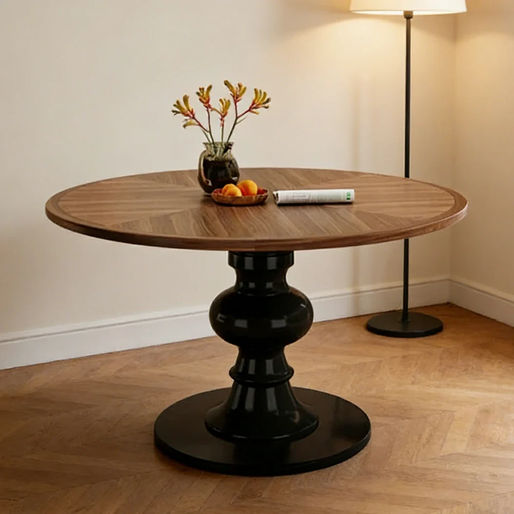 LUXORA 120/150cm Solid Wood Round Dining Table - Thick Parquet Wood Top, Pedestal Base Design, French Vintage Style for Dining Spaces - Walnut & Black - Image 2