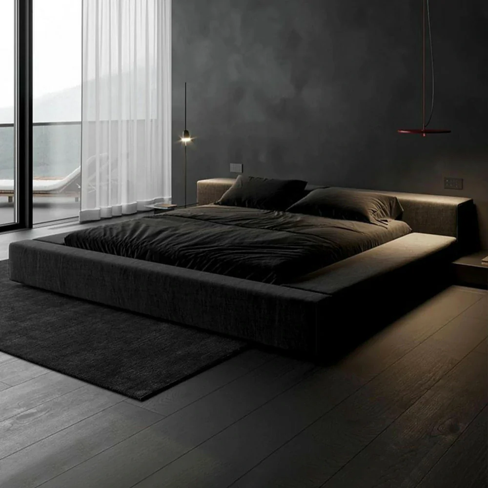 LUXORA Upholstered Bed Frame 150/180cm, Cotton-Linen Headboard, Solid Larch Wood & Steel Support, Padded Edges & Anti-Slip Design - Black - Image 2
