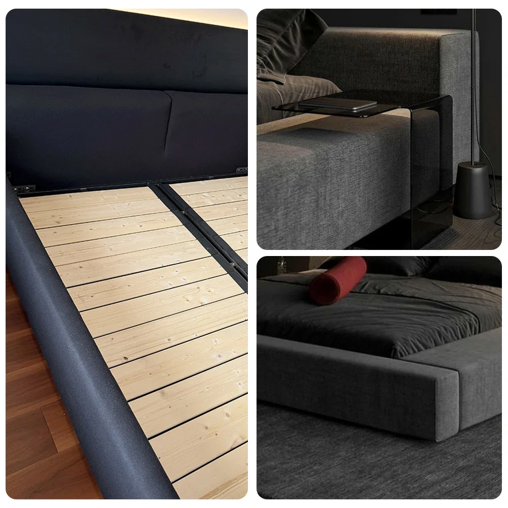 LUXORA Upholstered Bed Frame 150/180cm, Cotton-Linen Headboard, Solid Larch Wood & Steel Support, Padded Edges & Anti-Slip Design - Black - Image 3