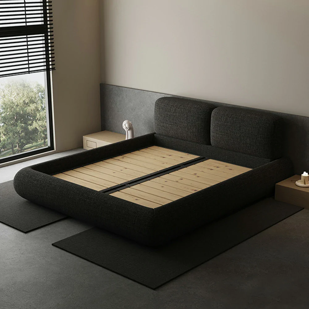 LUXORA Upholstered Bed Frame 150/180cm, Linen Fabric Headboard, Solid Larch Wood & Steel Support, Padded Edges & Anti-Slip Design - Black - Image 2