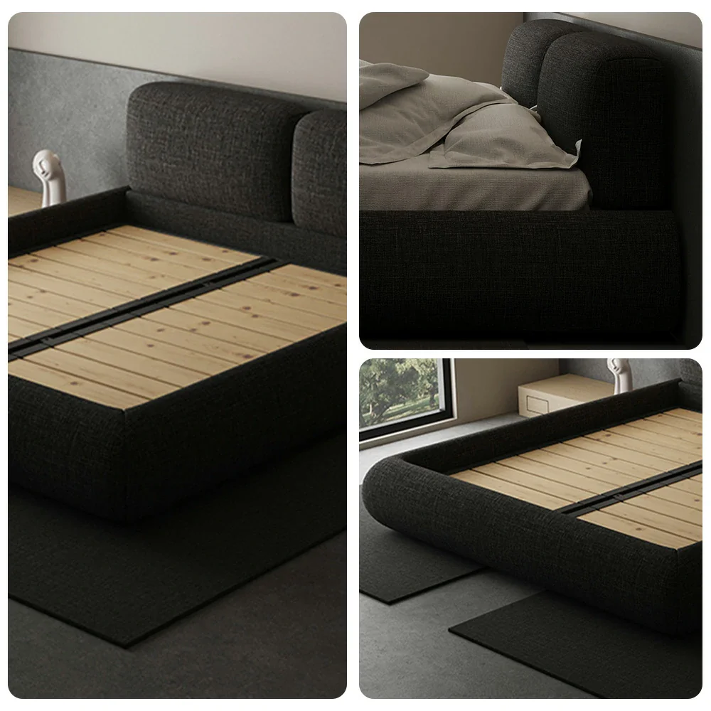 LUXORA Upholstered Bed Frame 150/180cm, Linen Fabric Headboard, Solid Larch Wood & Steel Support, Padded Edges & Anti-Slip Design - Black - Image 3