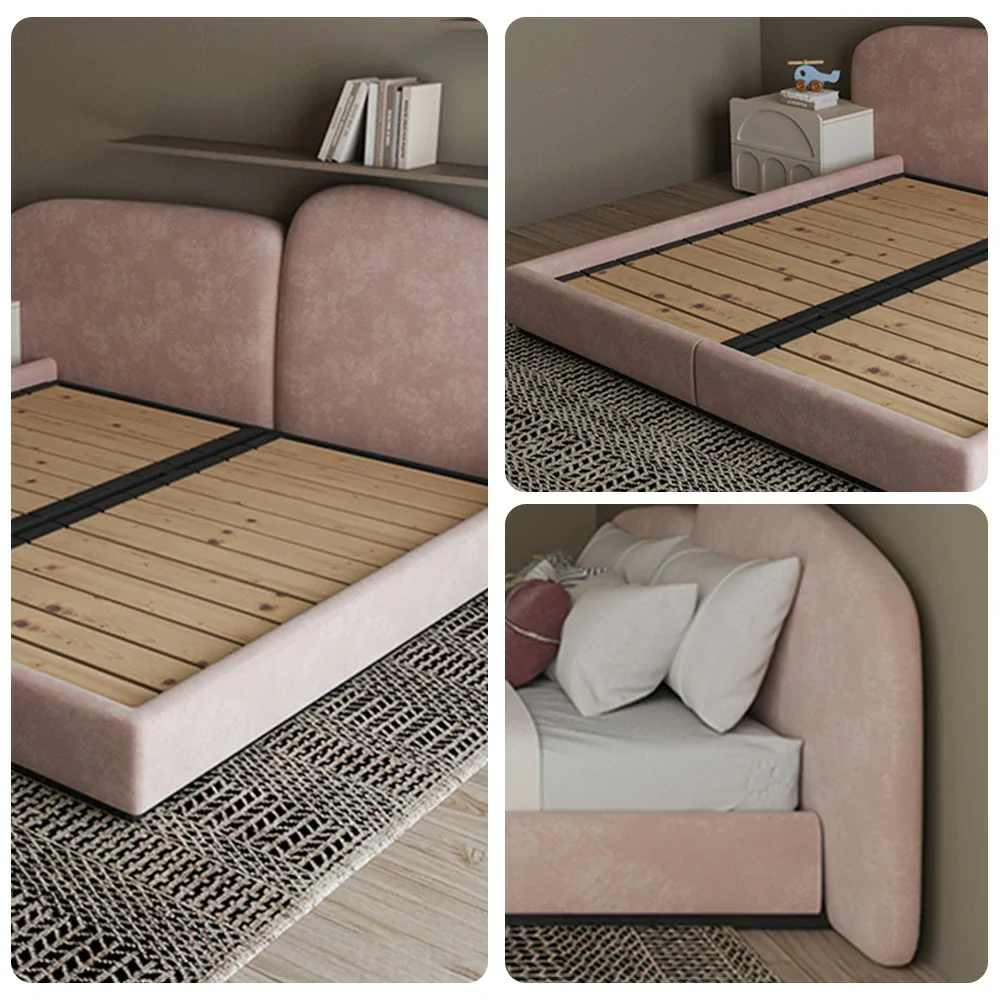 LUXORA Upholstered Bed Frame 150/180cm, Velvet Headboard, Solid Larch Wood & Steel Support, Padded Edges & Anti-Slip Design - Pink - Image 3