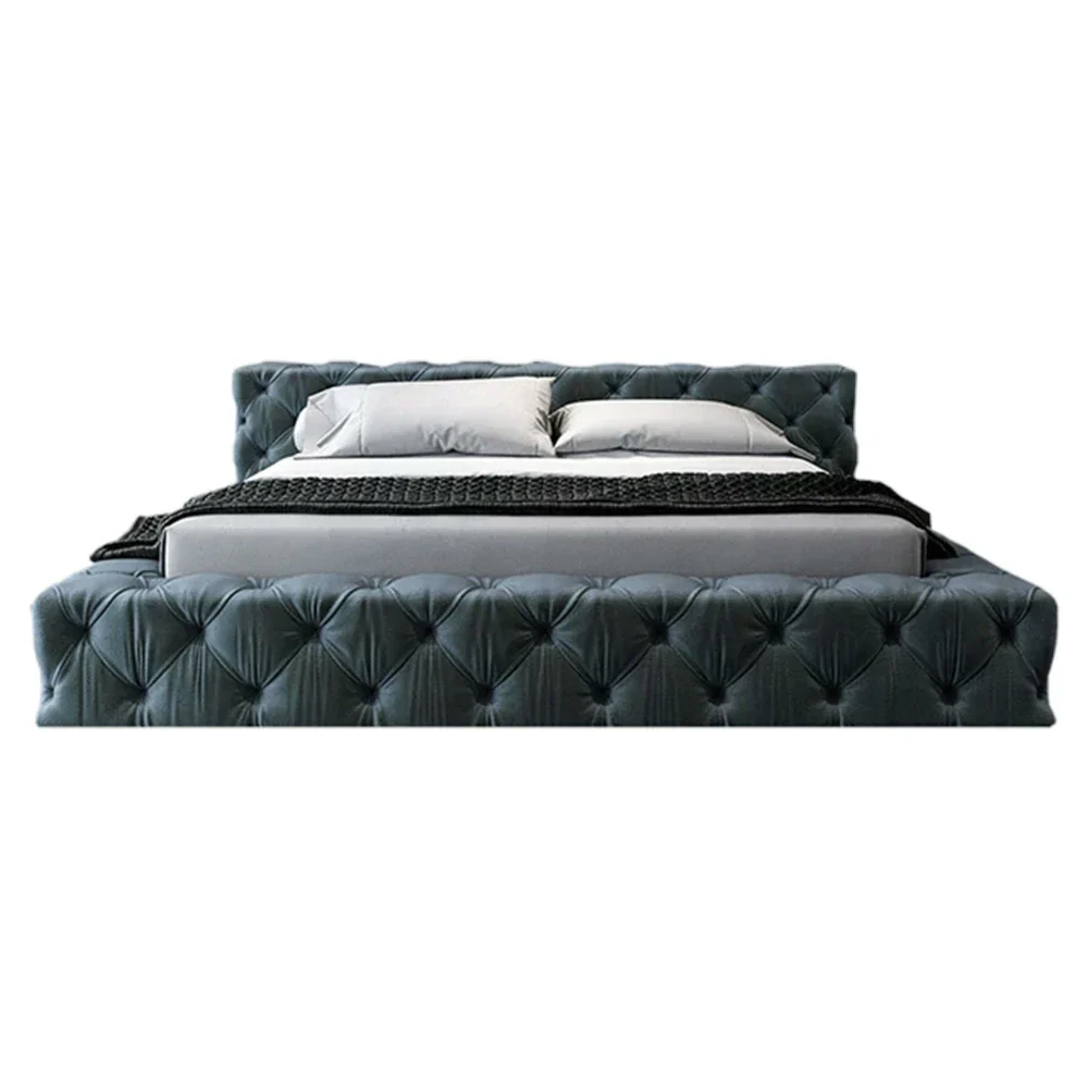 LUXORA Upholstered Bed Frame 150/180cm, Velvet & Solid Larch Wood, High Resilience Sponge, Padded Edges - Blue