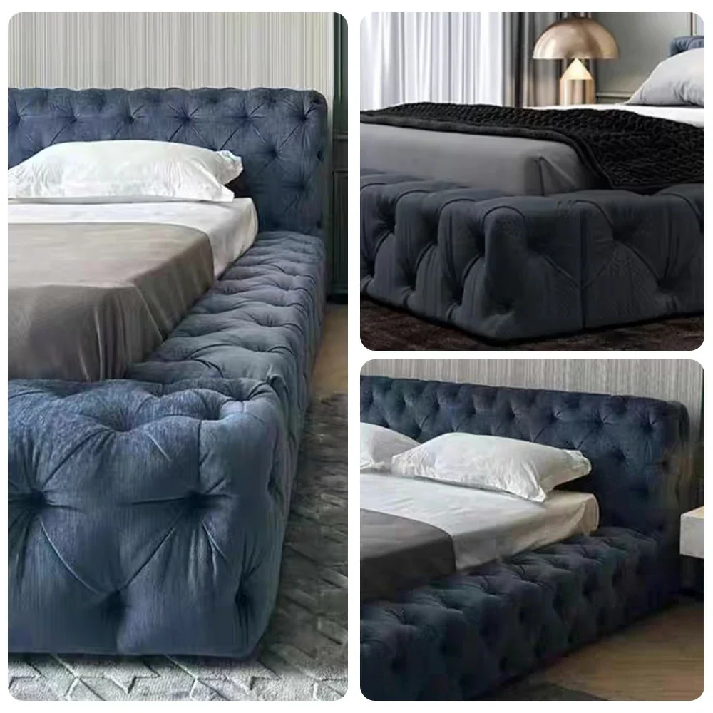 LUXORA Upholstered Bed Frame 150/180cm, Velvet & Solid Larch Wood, High Resilience Sponge, Padded Edges - Blue - Image 3