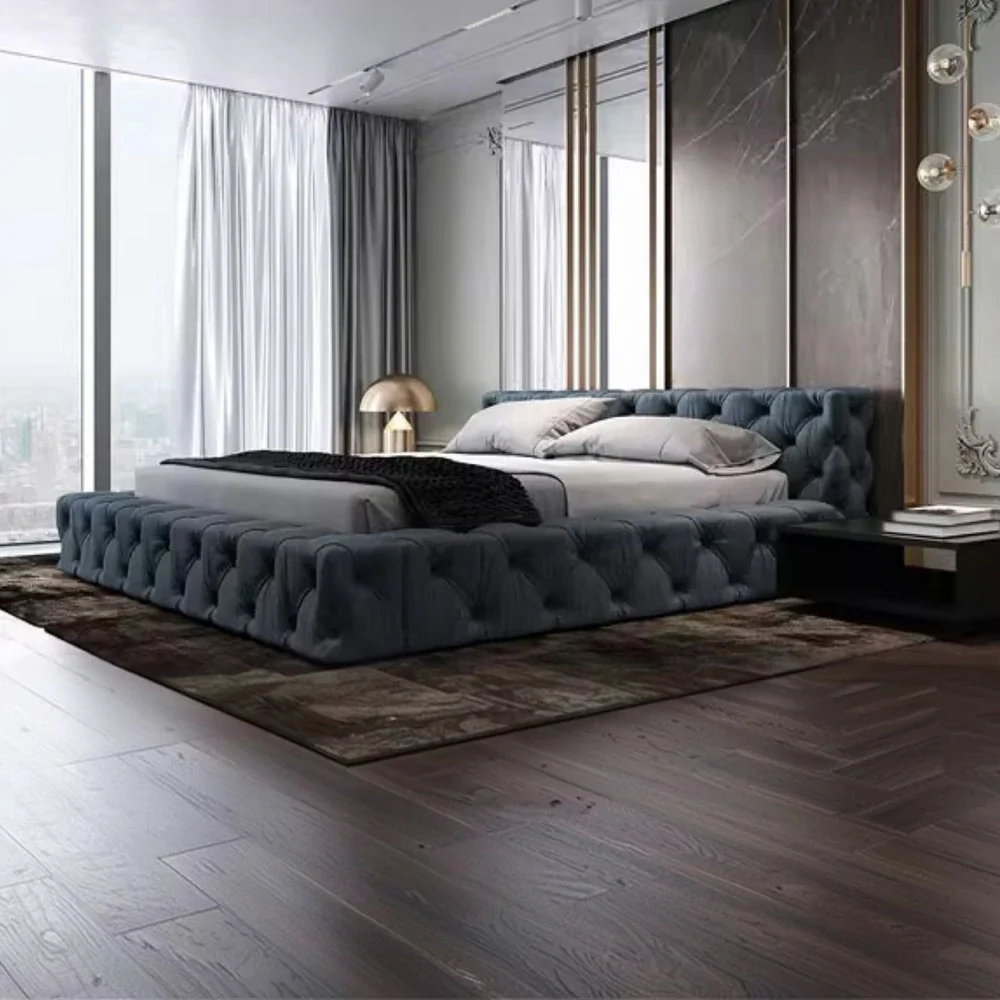 LUXORA Upholstered Bed Frame 150/180cm, Velvet & Solid Larch Wood, High Resilience Sponge, Padded Edges - Blue - Image 5