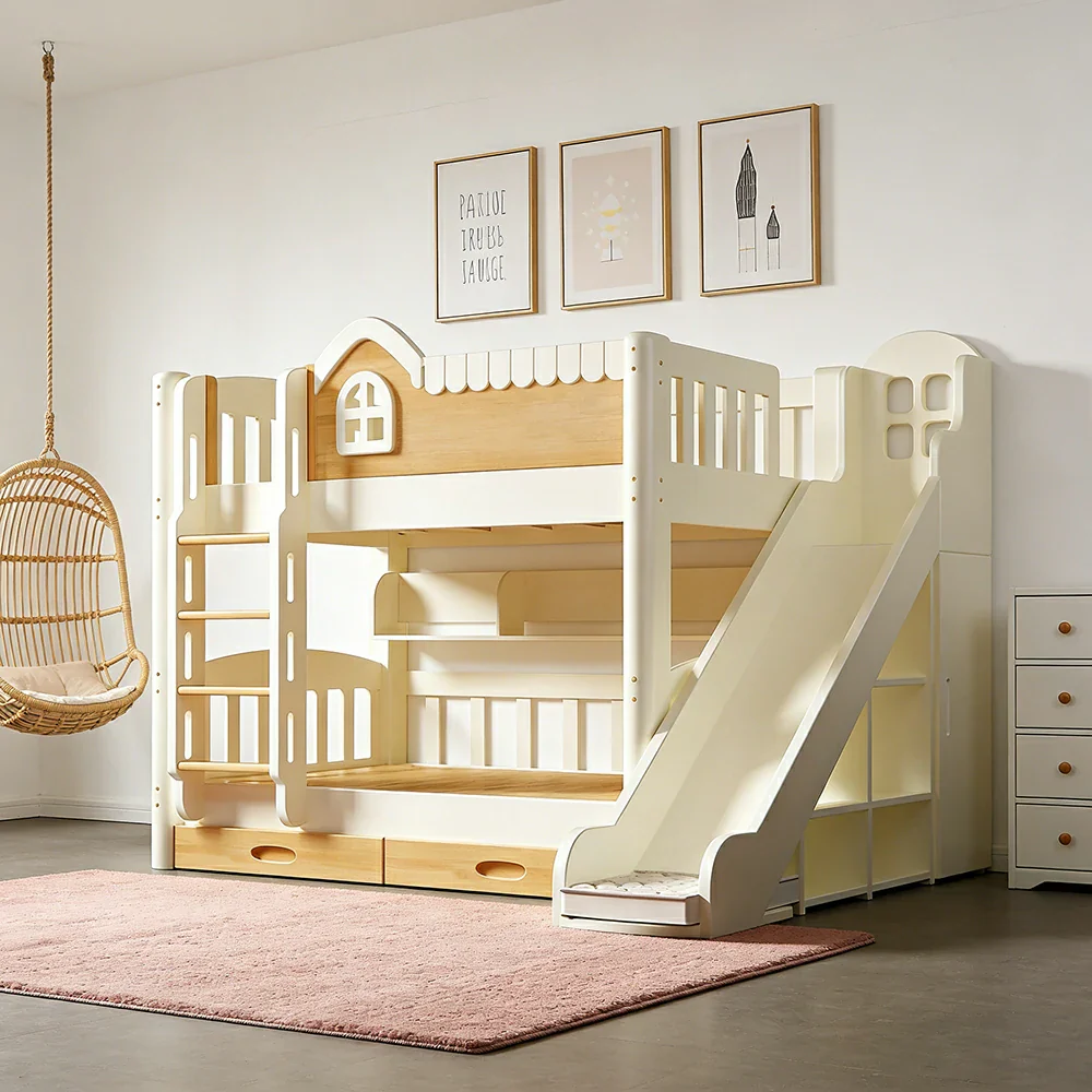 LUXORA 135/150cm Kids Slide & Ladder Bed - All-in-One Storage System, Solid Wood Frame, Slide and Wardrobe Combo Design - White - Image 2