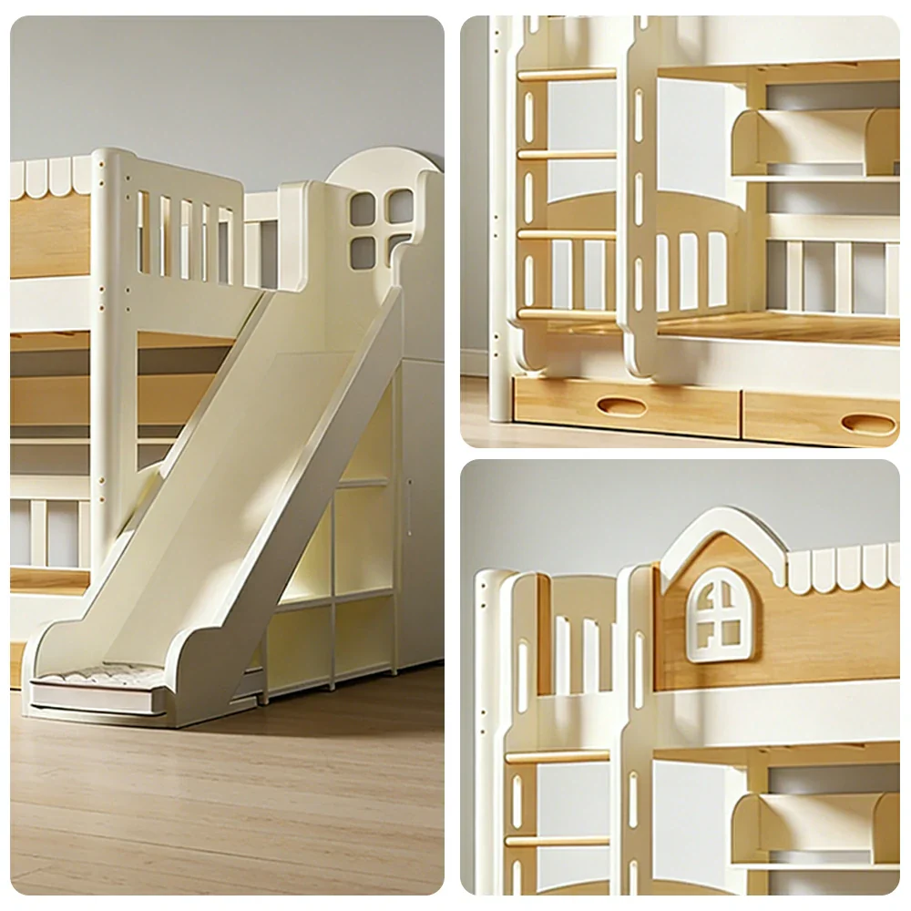 LUXORA 135/150cm Kids Slide & Ladder Bed - All-in-One Storage System, Solid Wood Frame, Slide and Wardrobe Combo Design - White - Image 3