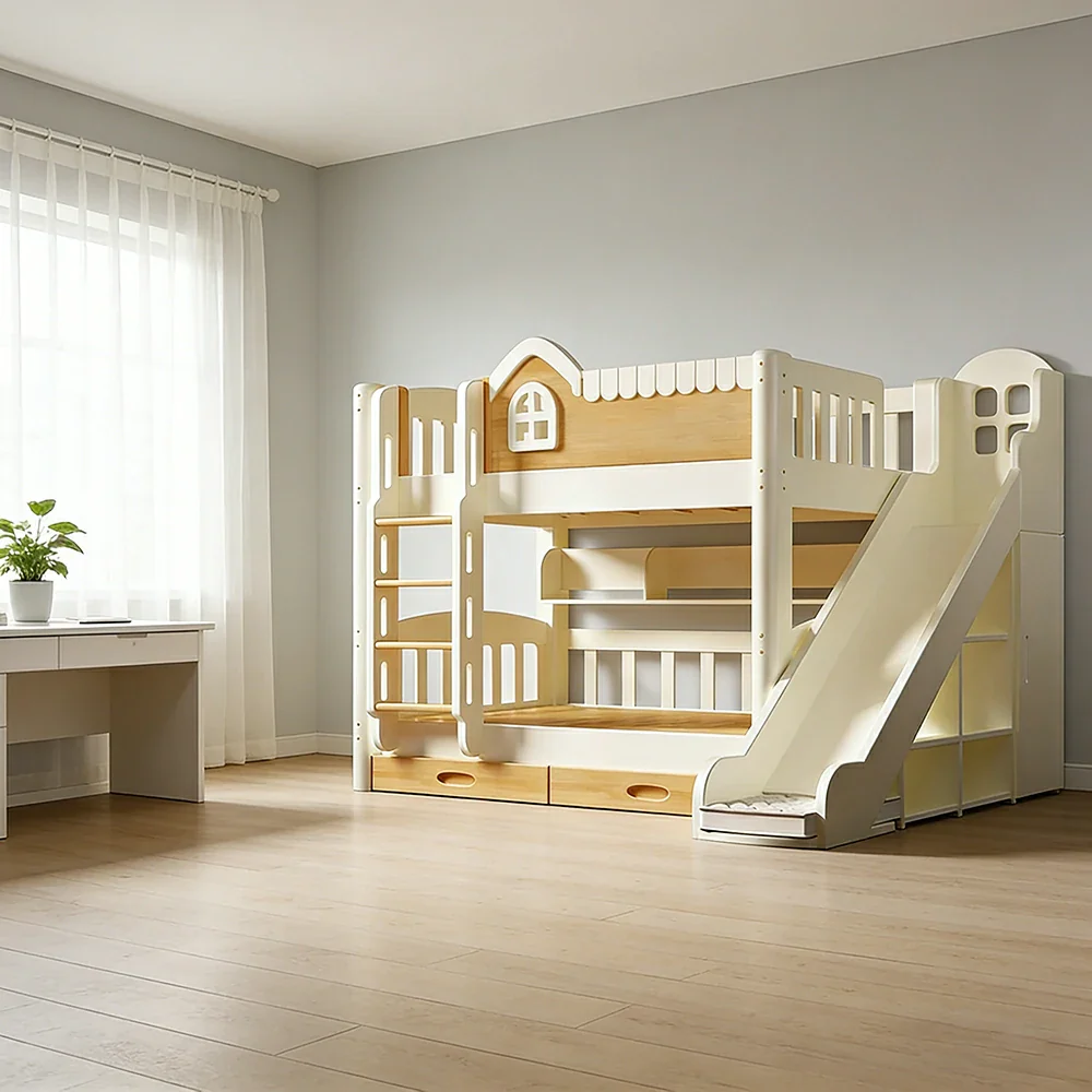 LUXORA 135/150cm Kids Slide & Ladder Bed - All-in-One Storage System, Solid Wood Frame, Slide and Wardrobe Combo Design - White - Image 4