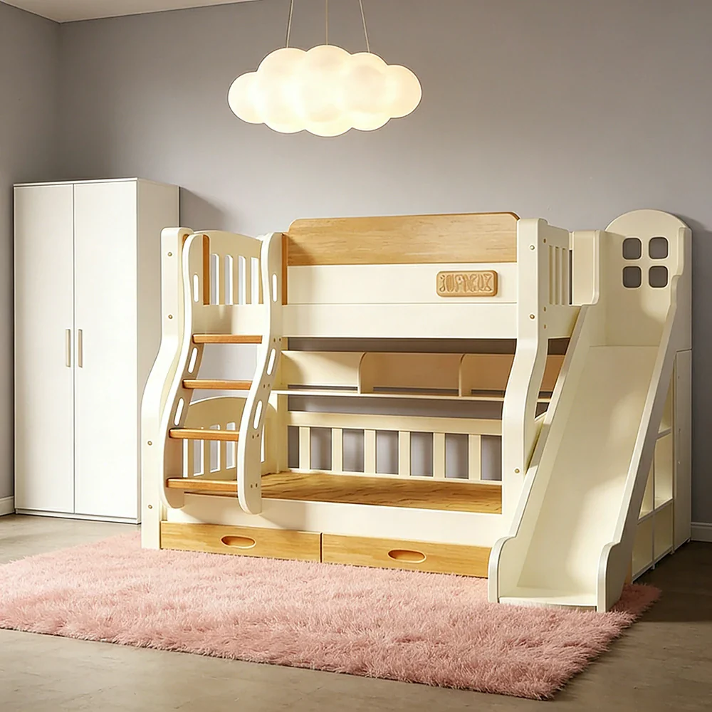 LUXORA 135/150cm Kids Slide & Ladder Bed - Safe Climbing Design, Solid Wood Frame, Space-Saving Stair Storage - White - Image 4
