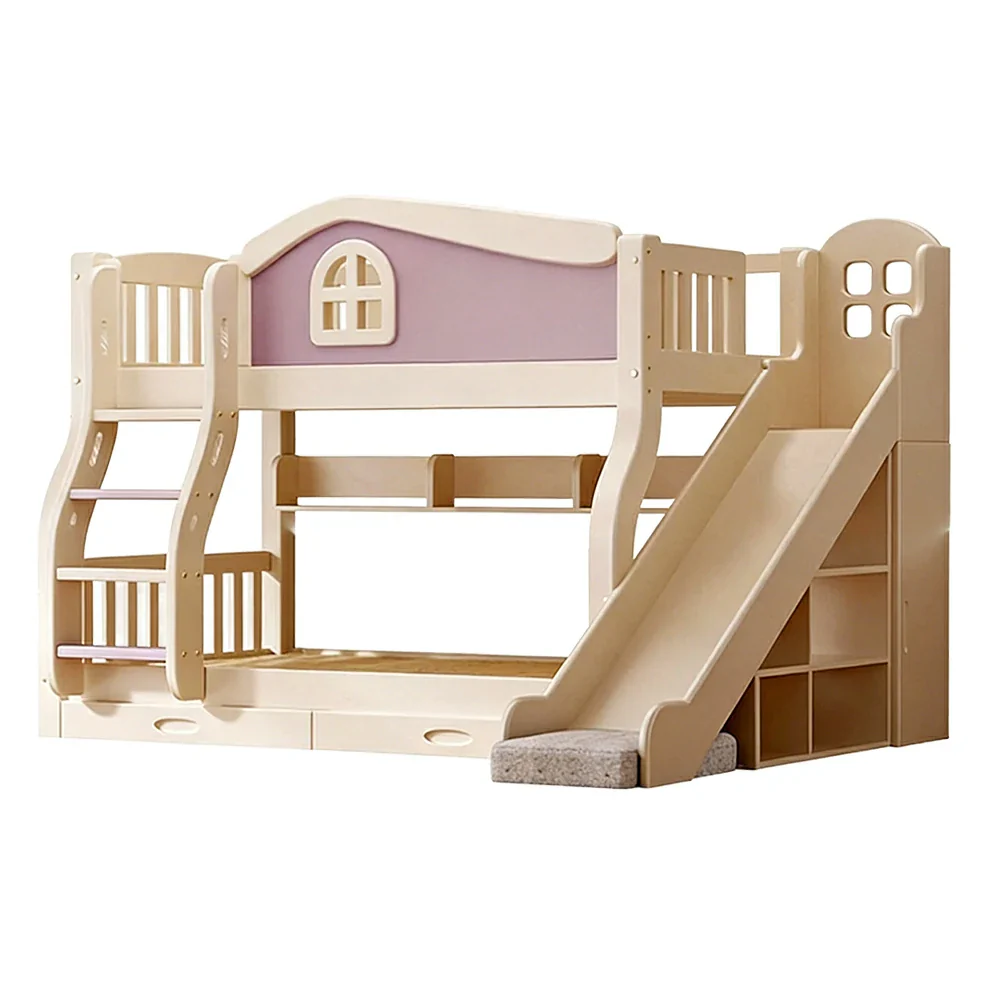 LUXORA 120/135/150cm Kids Slide & Ladder Bed - Play & Sleep Combo, Solid Wood Frame, Fun and Storage in One - Purple