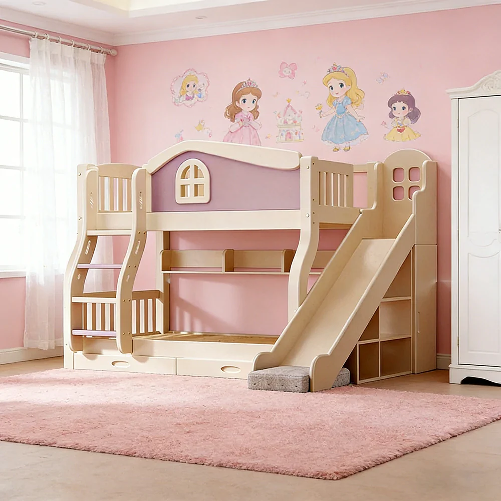 LUXORA 120/135/150cm Kids Slide & Ladder Bed - Play & Sleep Combo, Solid Wood Frame, Fun and Storage in One - Purple - Image 2