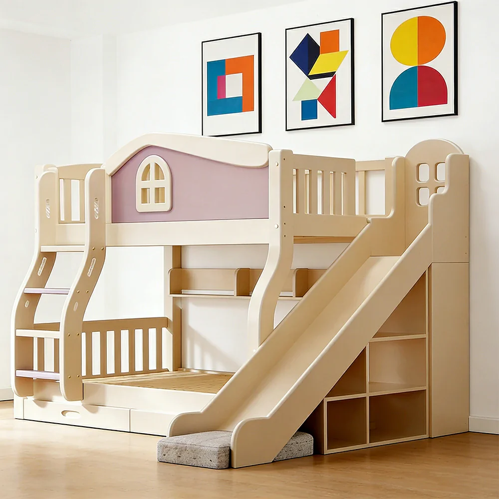 LUXORA 120/135/150cm Kids Slide & Ladder Bed - Play & Sleep Combo, Solid Wood Frame, Fun and Storage in One - Purple - Image 4
