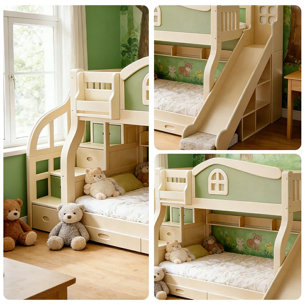 LUXORA 120/135/150cm Kids Slide & Storage Stair Bed - Play & Sleep Combo, Solid Wood Frame, Fun and Storage in One - Green - Image 3