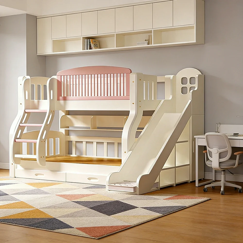 LUXORA 120/135/150cm Kids Slide & Ladder Bed - Grow-With-Your-Child Design, Solid Wood Frame, Safe Play and Sleep Combo - Pink - Image 2