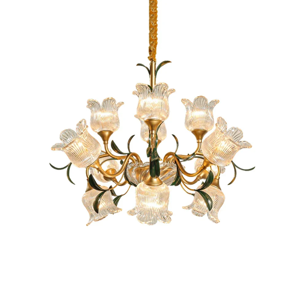 LIVARA Gold Floral Glass Chandelier 12/18/24-Head Warm LED Pendant Light, Handcrafted Vintage Flower Design for Living Room Bedroom Dining Room
