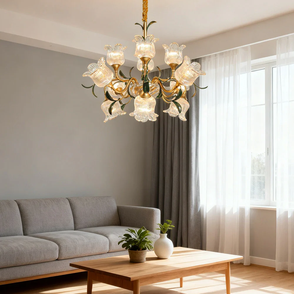 LIVARA Gold Floral Glass Chandelier 12/18/24-Head Warm LED Pendant Light, Handcrafted Vintage Flower Design for Living Room Bedroom Dining Room - Image 2