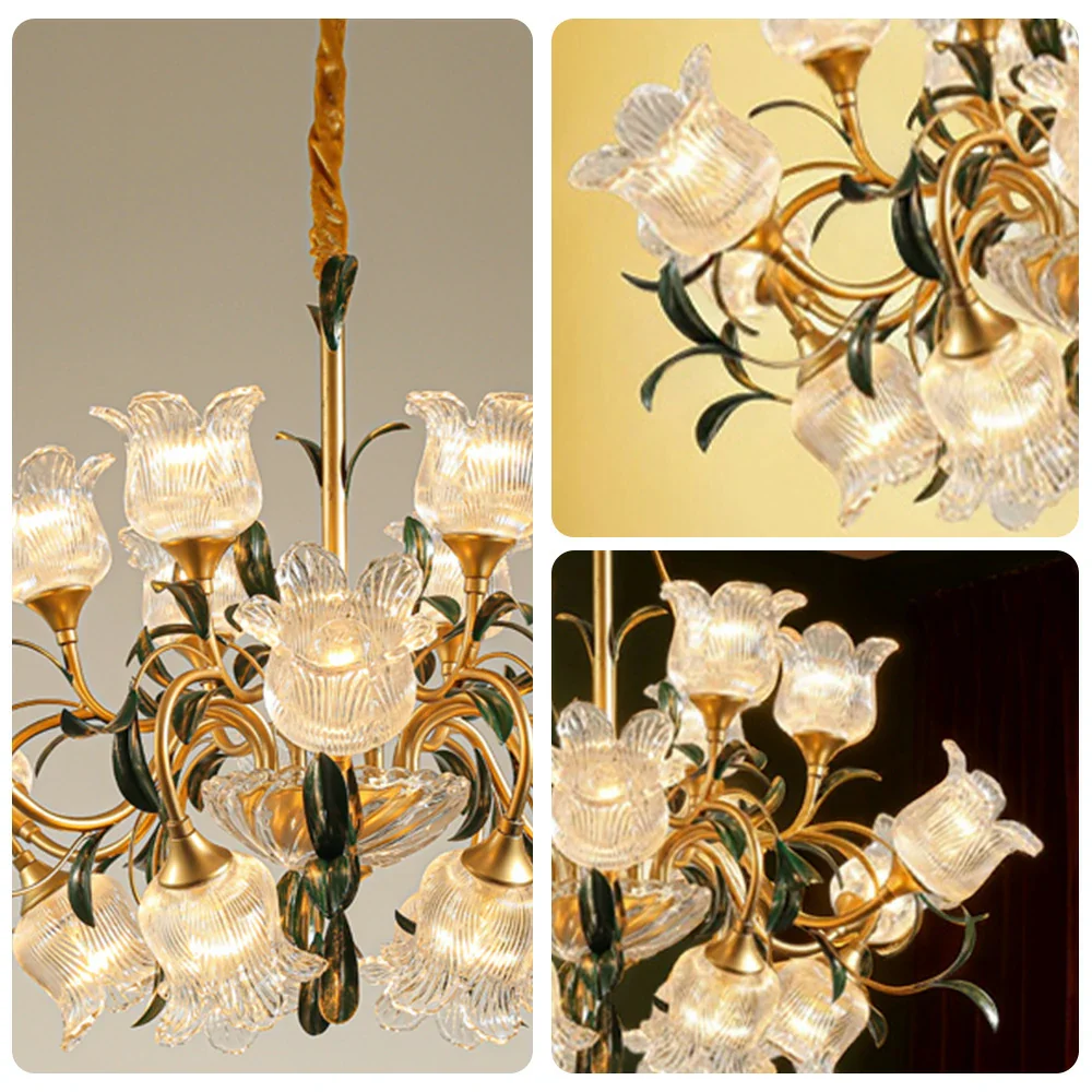 LIVARA Gold Floral Glass Chandelier 12/18/24-Head Warm LED Pendant Light, Handcrafted Vintage Flower Design for Living Room Bedroom Dining Room - Image 8