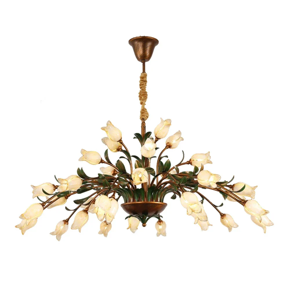 LIVARA Floral Glass Chandelier 68/87/107cm Warm LED Pendant Light, Handcrafted Vintage Flower Design for Living Room Bedroom Dining Room - Yellow - Image 11