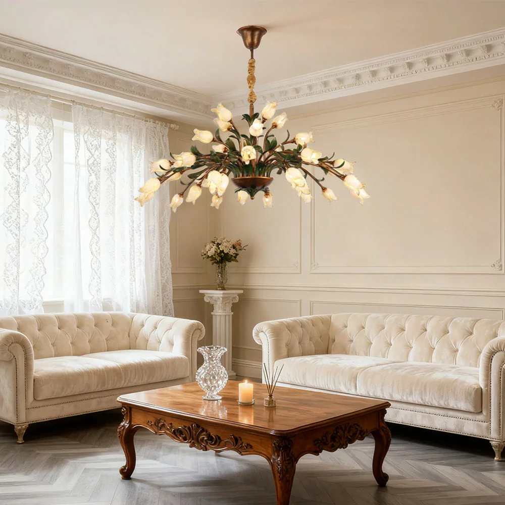 LIVARA Floral Glass Chandelier 68/87/107cm Warm LED Pendant Light, Handcrafted Vintage Flower Design for Living Room Bedroom Dining Room - Yellow - Image 12