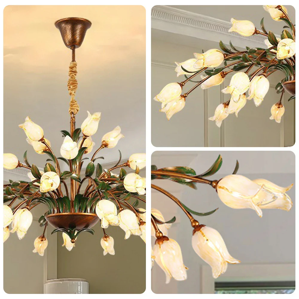 LIVARA Floral Glass Chandelier 68/87/107cm Warm LED Pendant Light, Handcrafted Vintage Flower Design for Living Room Bedroom Dining Room - Yellow - Image 13