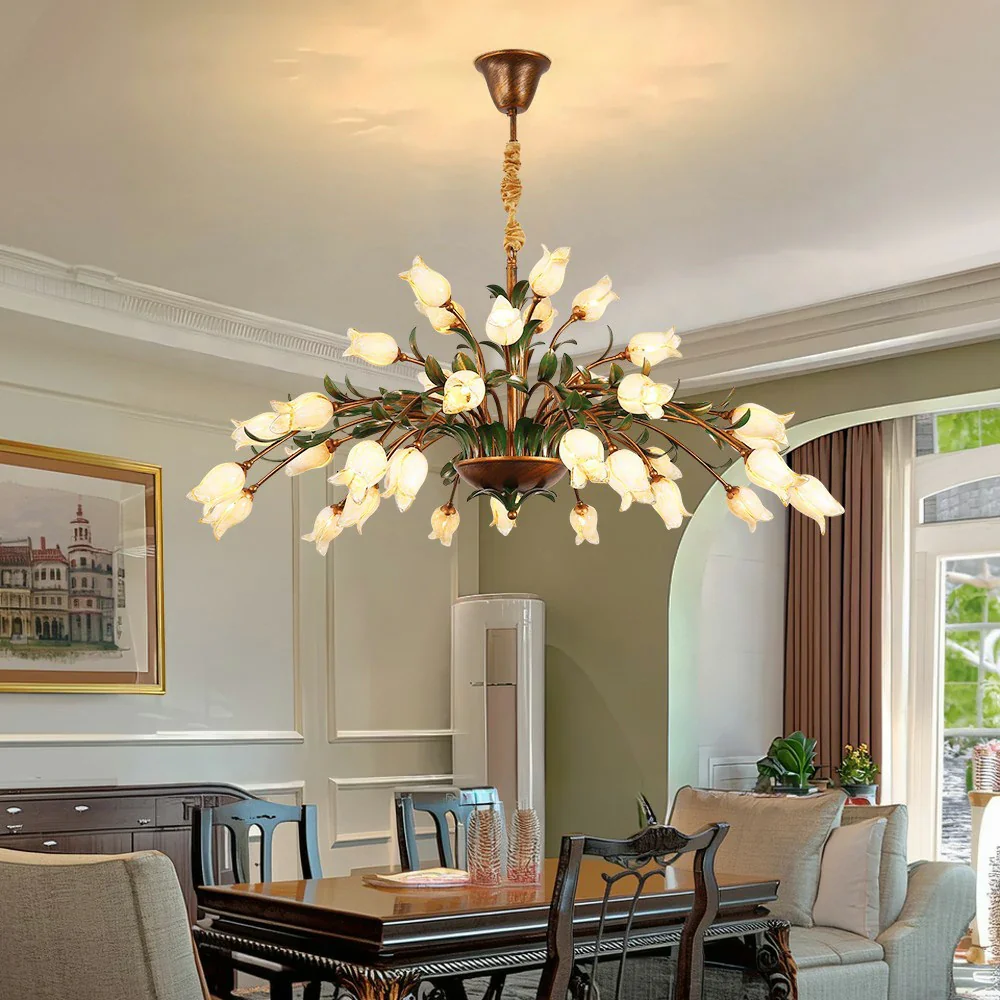 LIVARA Floral Glass Chandelier 68/87/107cm Warm LED Pendant Light, Handcrafted Vintage Flower Design for Living Room Bedroom Dining Room - Yellow - Image 14