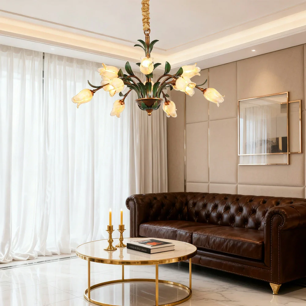 LIVARA Floral Glass Chandelier 68/87/107cm Warm LED Pendant Light, Handcrafted Vintage Flower Design for Living Room Bedroom Dining Room - Yellow - Image 2