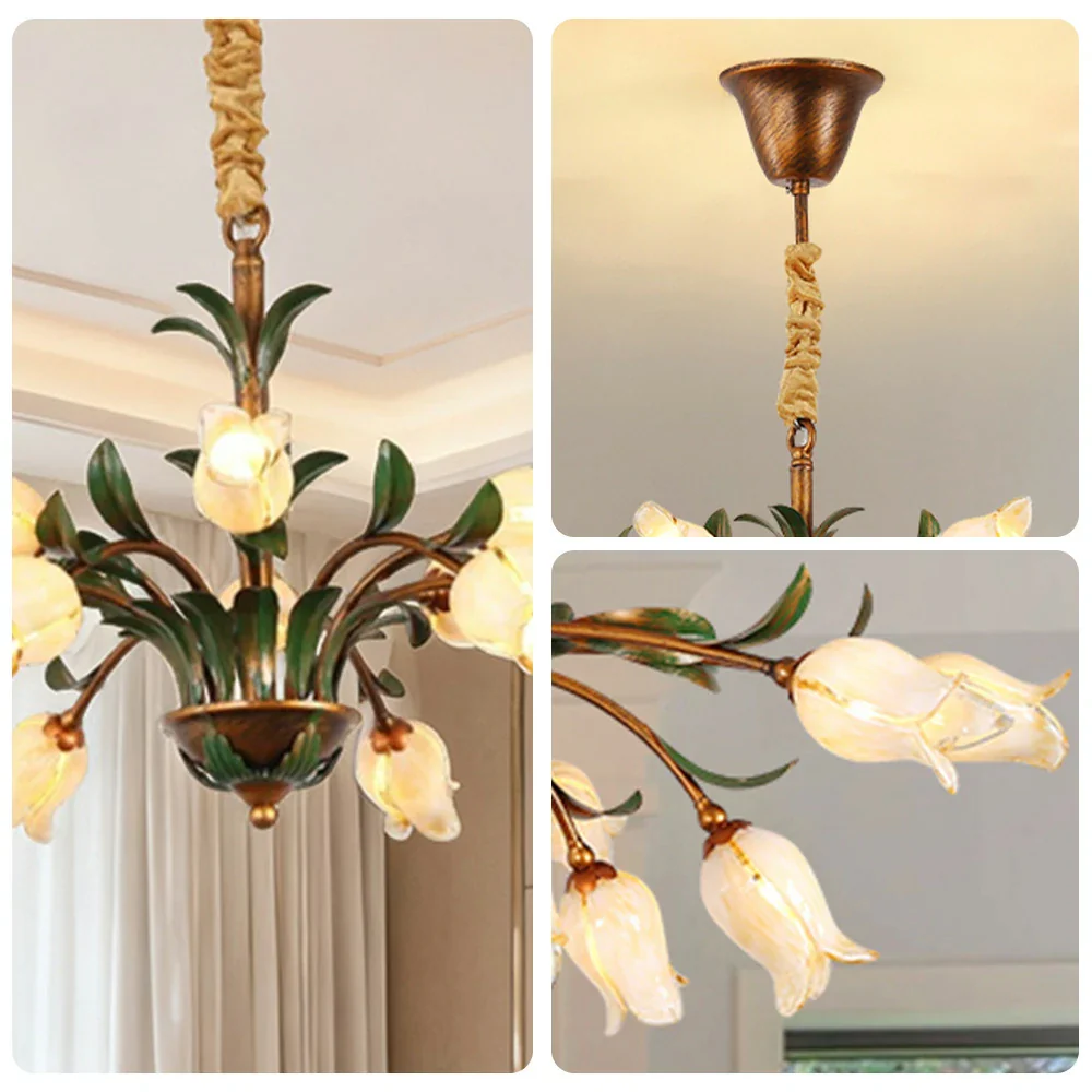 LIVARA Floral Glass Chandelier 68/87/107cm Warm LED Pendant Light, Handcrafted Vintage Flower Design for Living Room Bedroom Dining Room - Yellow - Image 3