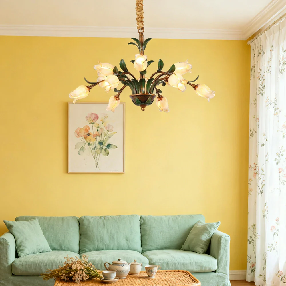 LIVARA Floral Glass Chandelier 68/87/107cm Warm LED Pendant Light, Handcrafted Vintage Flower Design for Living Room Bedroom Dining Room - Yellow - Image 4