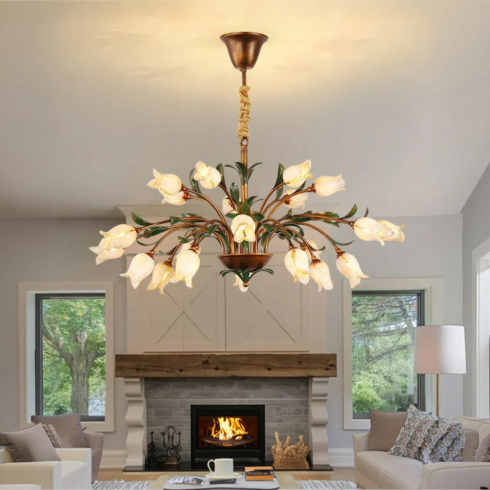 LIVARA Floral Glass Chandelier 68/87/107cm Warm LED Pendant Light, Handcrafted Vintage Flower Design for Living Room Bedroom Dining Room - Yellow - Image 7