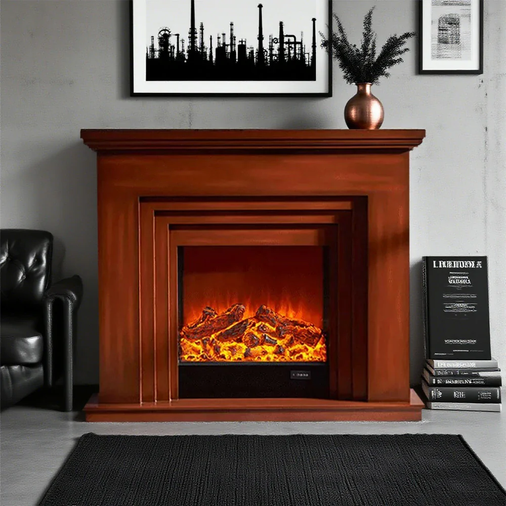 LIVARA 608 Electric Fireplace TV Cabinet - White Solid Wood Frame, 3D Flame Effect, Dual Core Options 12W/750–1500W - Brown - Image 4