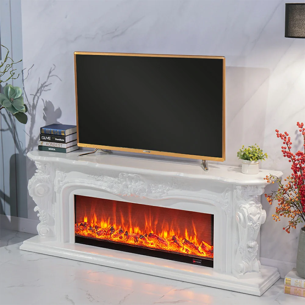 LIVARA 610 Electric Fireplace TV Stand - White Solid Wood, Remote Control, 3D Flame, Decorative or Heating Core Options 12W/750–1500W - Image 4