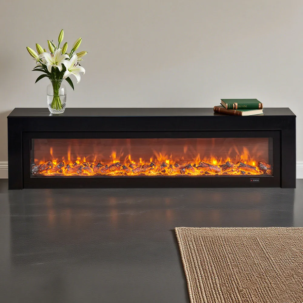 LIVARA 711 Electric Fireplace TV Cabinet - White Solid Wood Frame, 3D Flame Effect, Dual Core Options 12W/750–1500W, 180/200cm - Black - Image 12