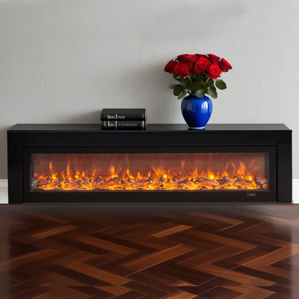 LIVARA 711 Electric Fireplace TV Cabinet - White Solid Wood Frame, 3D Flame Effect, Dual Core Options 12W/750–1500W, 180/200cm - Black - Image 2