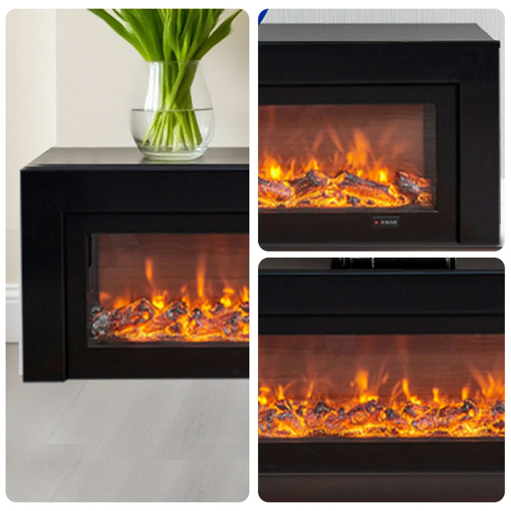 LIVARA 711 Electric Fireplace TV Cabinet - White Solid Wood Frame, 3D Flame Effect, Dual Core Options 12W/750–1500W, 180/200cm - Black - Image 3