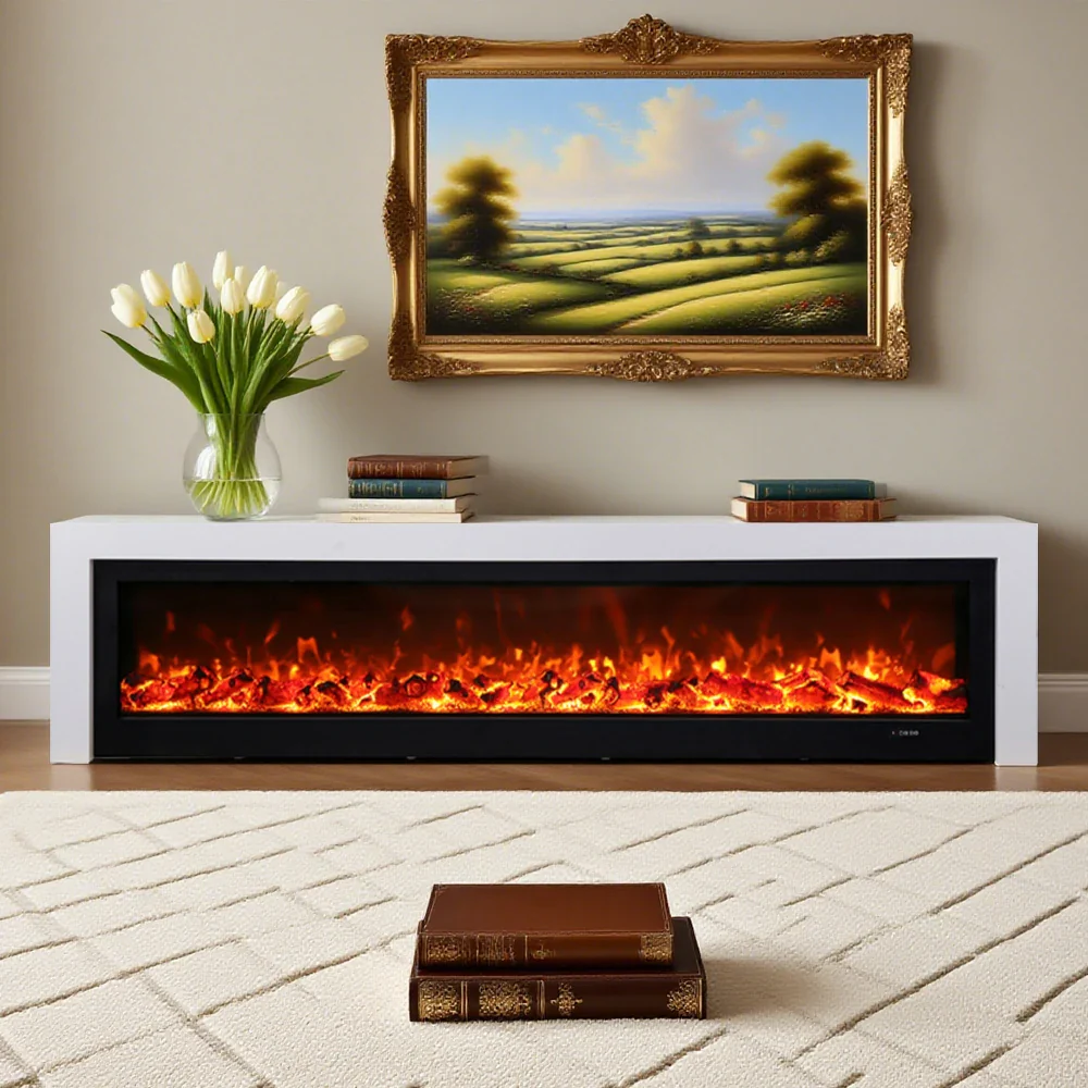 LIVARA 711 Electric Fireplace TV Cabinet - White Solid Wood Frame, 3D Flame Effect, Dual Core Options 12W/750–1500W, 180/200cm - White - Image 2